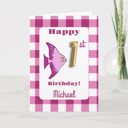 Fish  Magenta Gingham Balloon Number 1st Birthday Card