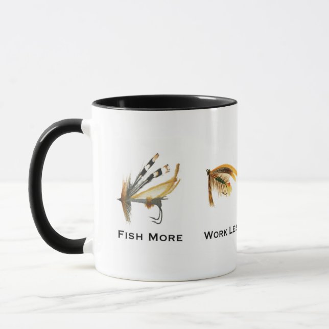Fish More Work Less Fly Fishing Coffee Mug (Left)