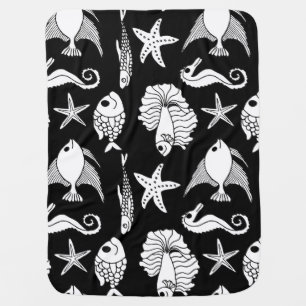 Fish Motif: Black White Pattern. Baby Blanket