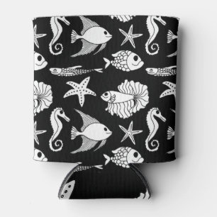 Fish Motif: Black White Pattern. Can Cooler