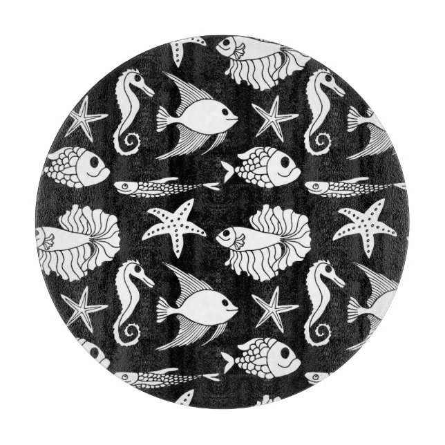 Fish Motif: Black White Pattern. Cutting Board (Front)