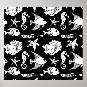 Fish Motif: Black White Pattern. Poster