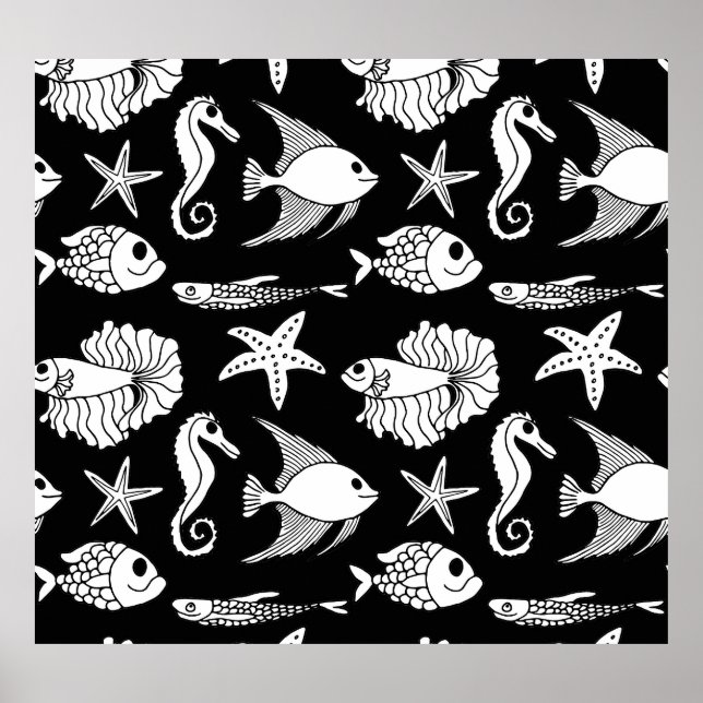 Fish Motif: Black White Pattern. Poster (Front)