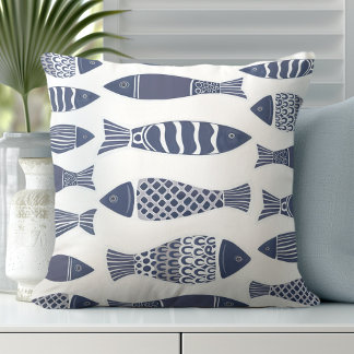Fish Navy Blue Throw Pillow