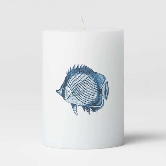 Fish ocean nautical coastal beach sea blue pillar candle (Front)