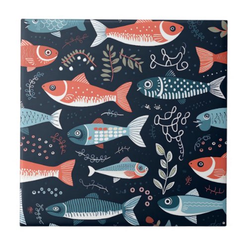 Fish on Navy Cute Illustration Ceramic Tile