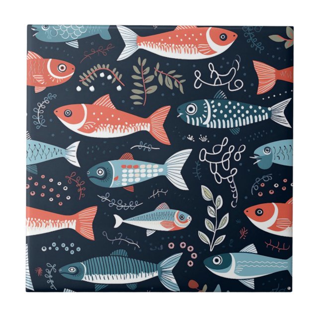 Fish on Navy Cute Illustration Ceramic Tile (Front)