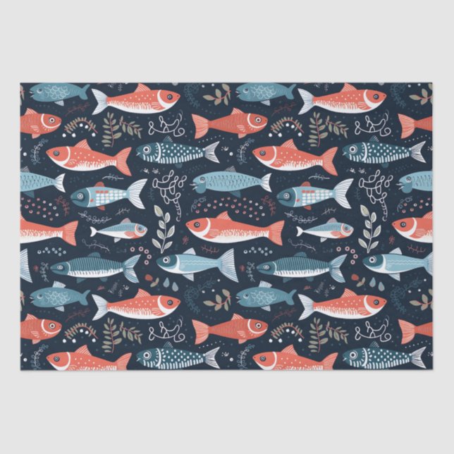 Fish On Navy Cute Illustration Tissue Paper (Front)