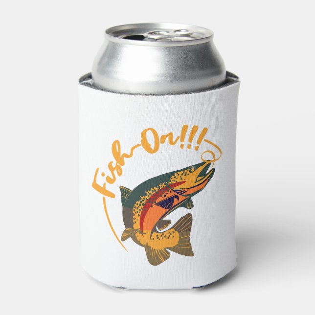 Fish On Rainbow Trout Fishing Can Cooler (Can Front)