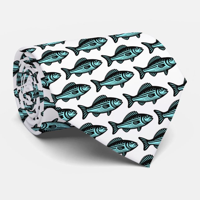 Fish Pattern - Black and Ice Blue on White Neck Tie (Rolled)