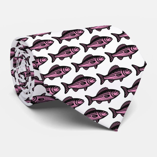 Fish Pattern - Black and Pink on White Neck Tie (Rolled)