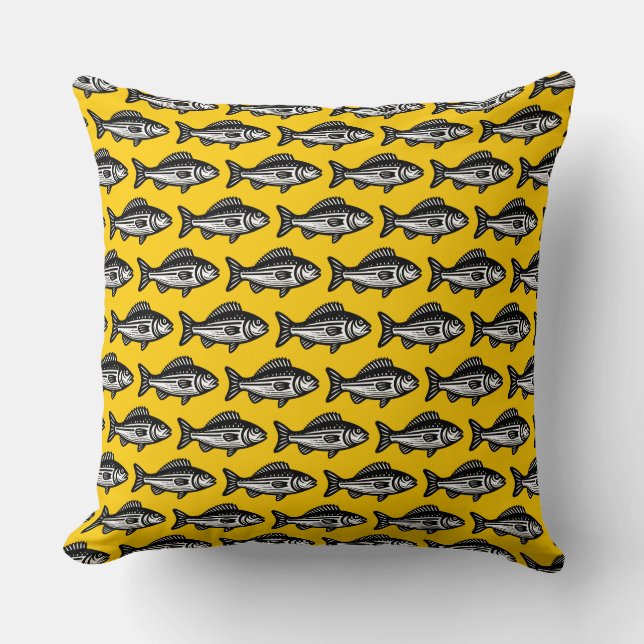 Fish Pattern - Black and White on Amber Throw Pillow (Front)
