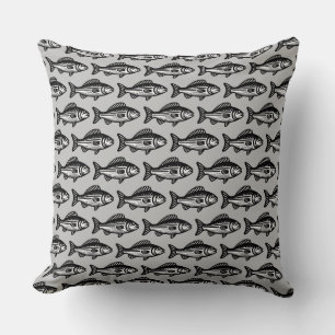 Fish Pattern - Black and White on Gray Throw Pillow