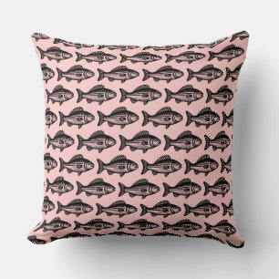 Fish Pattern - Black on Faded Green Throw Pillow