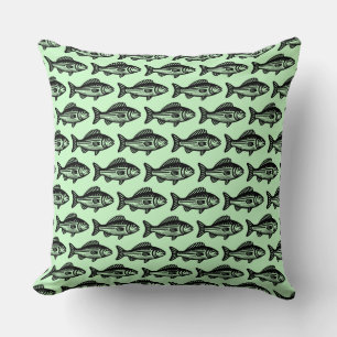 Fish Pattern - Black on Ghost Green Throw Pillow