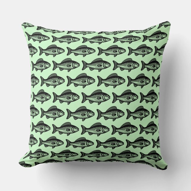 Fish Pattern - Black on Ghost Green Throw Pillow (Front)