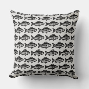 Fish Pattern - Black on Light Gray Throw Pillow