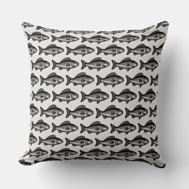 Fish Pattern - Black on Light Gray Throw Pillow (Front)
