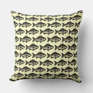 Fish Pattern - Black on Pale Yellow Throw Pillow