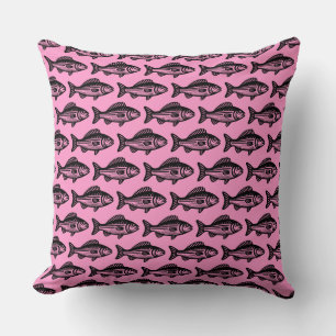 Fish Pattern - Black on Pink Throw Pillow
