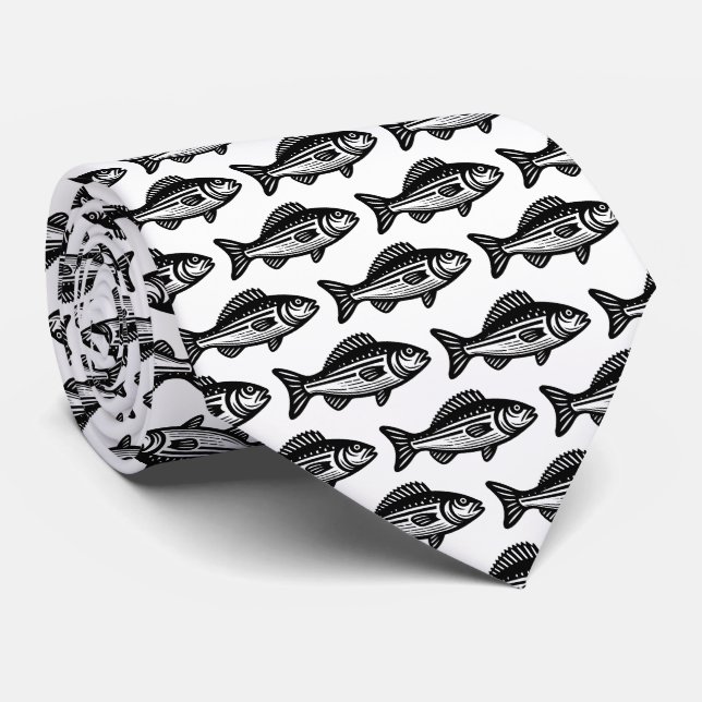 Fish Pattern - Black on White Neck Tie (Rolled)