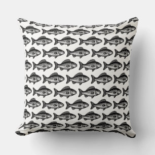 Fish Pattern - Black on White Throw Pillow