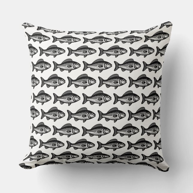 Fish Pattern - Black on White Throw Pillow (Front)