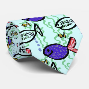 Fish Pattern. Blue Fish and Ghost Fish Tie