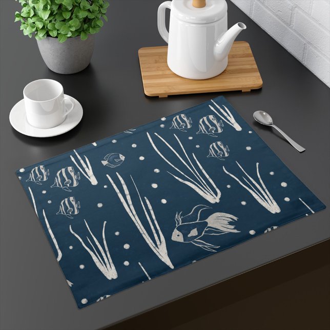 Fish Pattern Coastal Vibe Blue  Placemat (Coastal dining room decor, placemat with fish theme in sketch work on dark blue background)