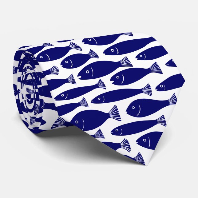 Fish Pattern - Dark Blue on White Neck Tie (Rolled)