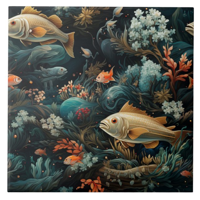 Fish Pattern, Dark Blue Sea, Dreamlike Ceramic Tile (Front)