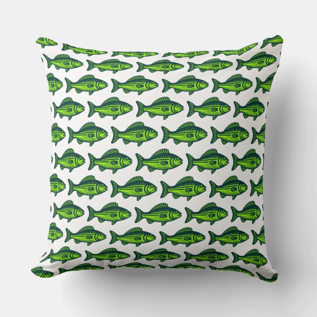 Fish Pattern -  Dark Green and Chartreus on White Throw Pillow (Front)