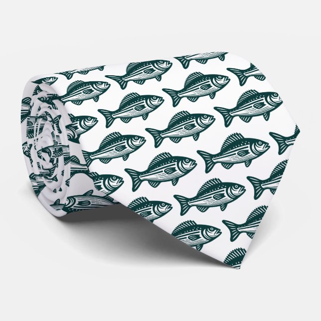 Fish Pattern - Dark Green on White Neck Tie (Rolled)
