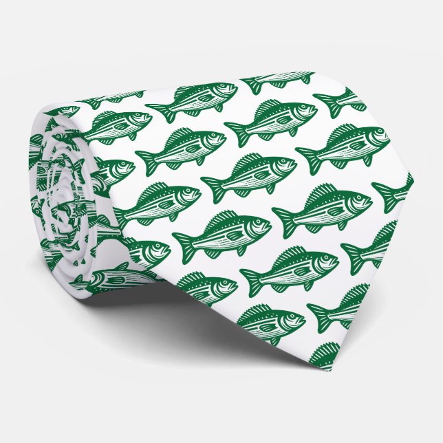 Fish Pattern - Forest Green on White Neck Tie (Rolled)