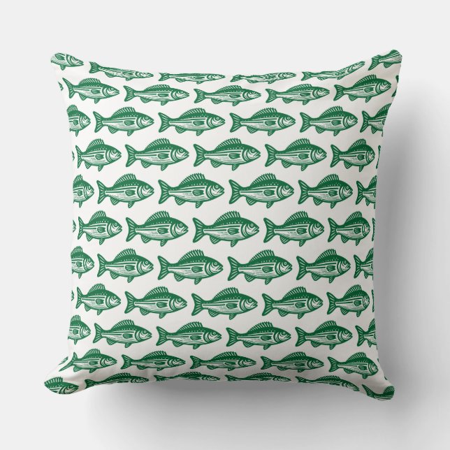 Fish Pattern - Forest Green on White Throw Pillow (Front)