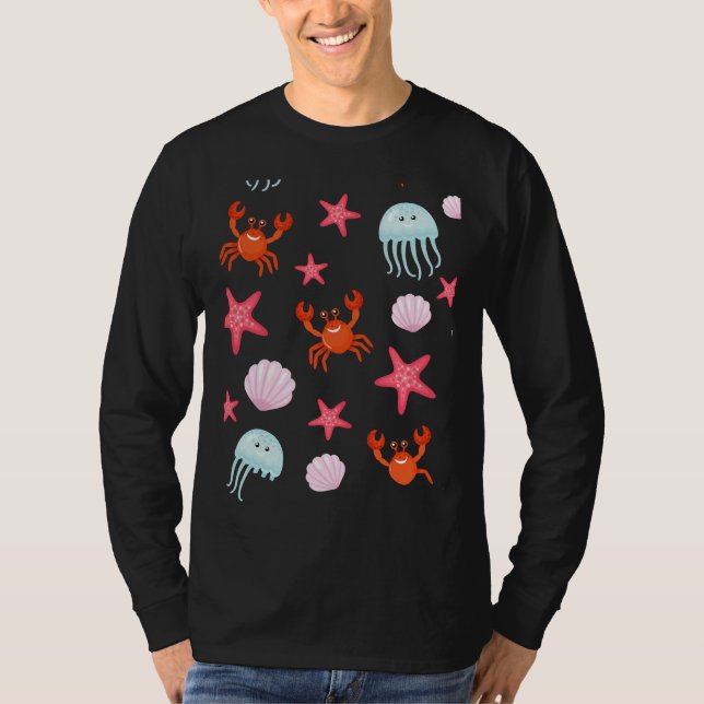Fish Pattern Including Octopus Starfish Crab Snail T-Shirt (Front)