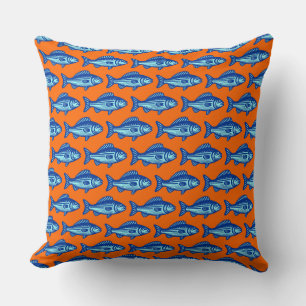 Fish Pattern - Navy Blue and Ice Blue on Orange Throw Pillow
