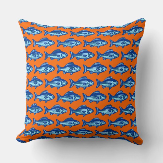 Fish Pattern - Navy Blue and Ice Blue on Orange Throw Pillow (Front)