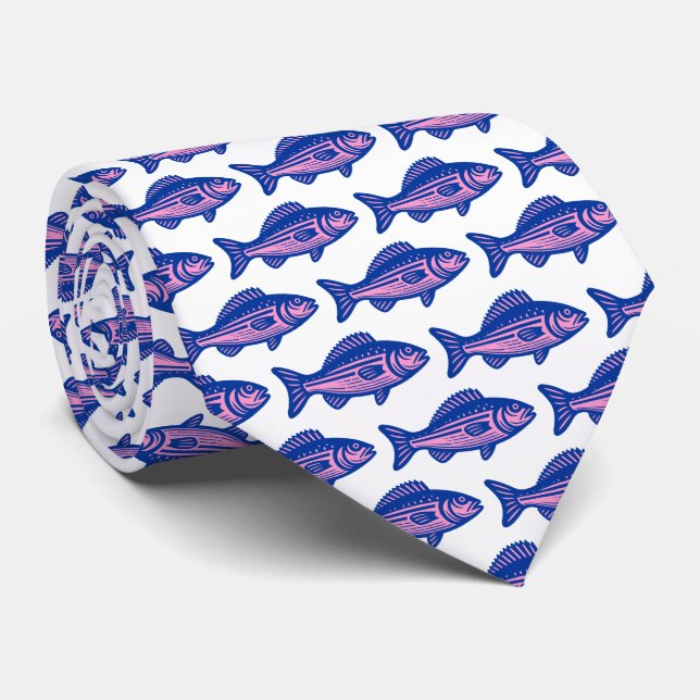 Fish Pattern - Navy Blue and Pink on White Neck Tie (Rolled)