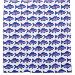 Fish Pattern - Navy Blue and Pink on White Shower Curtain