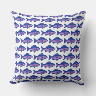 Fish Pattern - Navy Blue and Pink on White Throw Pillow