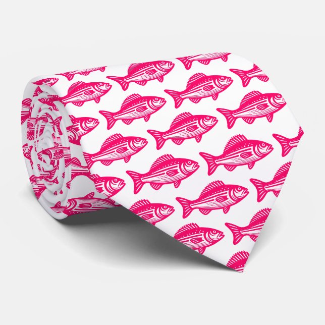 Fish Pattern - Neon Red on White Neck Tie (Rolled)