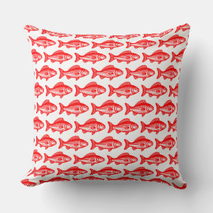 Fish Pattern - Red on White Throw Pillow