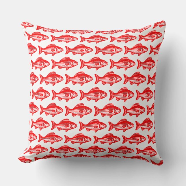 Fish Pattern - Red on White Throw Pillow (Front)