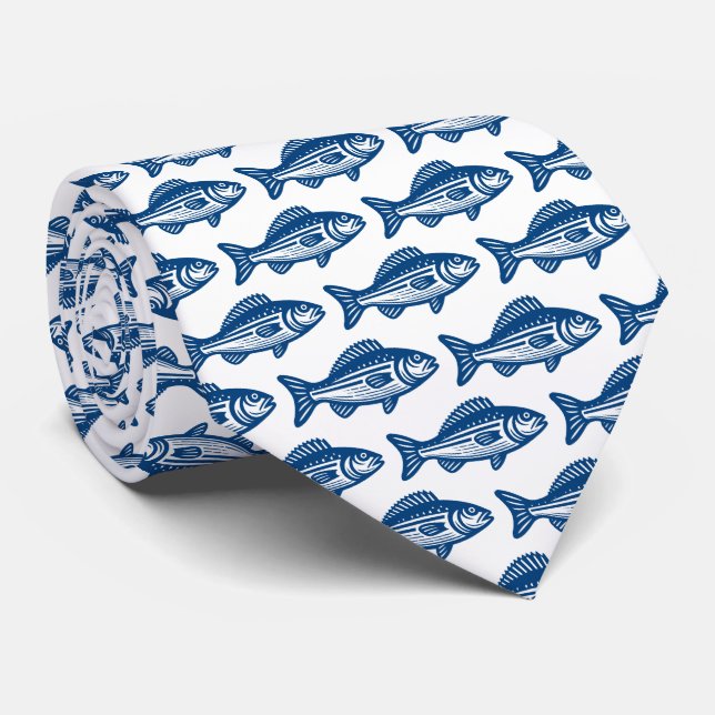 Fish Pattern - Shibori Blue on White Neck Tie (Rolled)