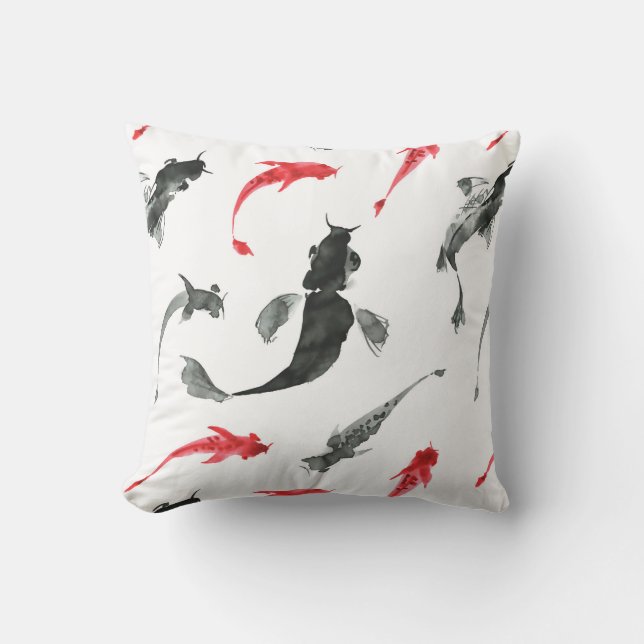 Fish pattern, Sumi-e Japanese ink painting Throw Pillow (Front)