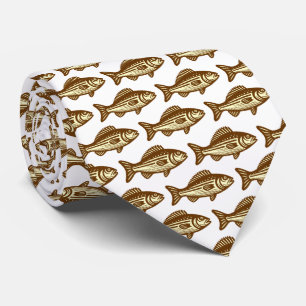 Fish Pattern - Walnut and Pale Yellow on White Neck Tie
