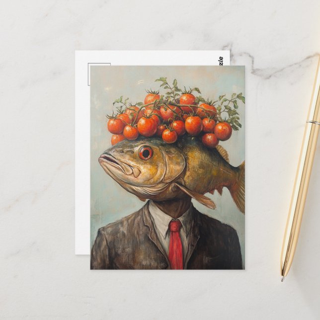  Fish Person with Tomatoes on His Head Postcard (Front/Back In Situ)