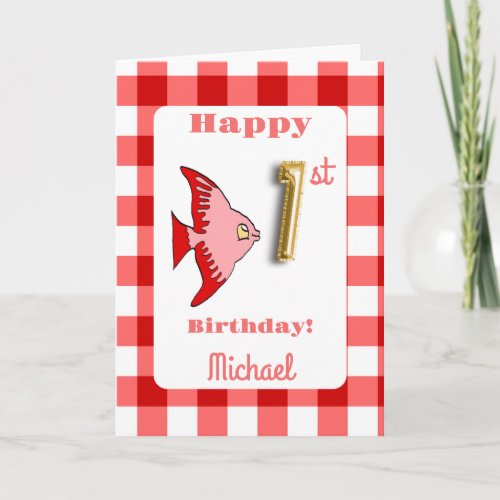Fish  Red Gingham Balloon Number 1st Birthday Card