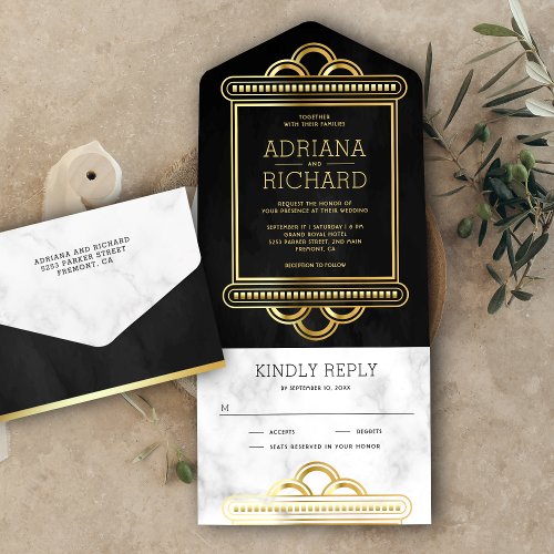 Fish Scale Black and Gold Art Deco Marble Wedding All In One Invitation